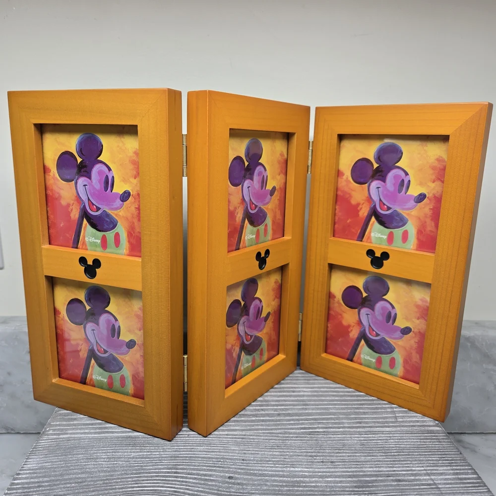 Disney Parks Mickey Mouse Ears Hinged 6 Picture Wood Trifold Photo Frame 8.75x14